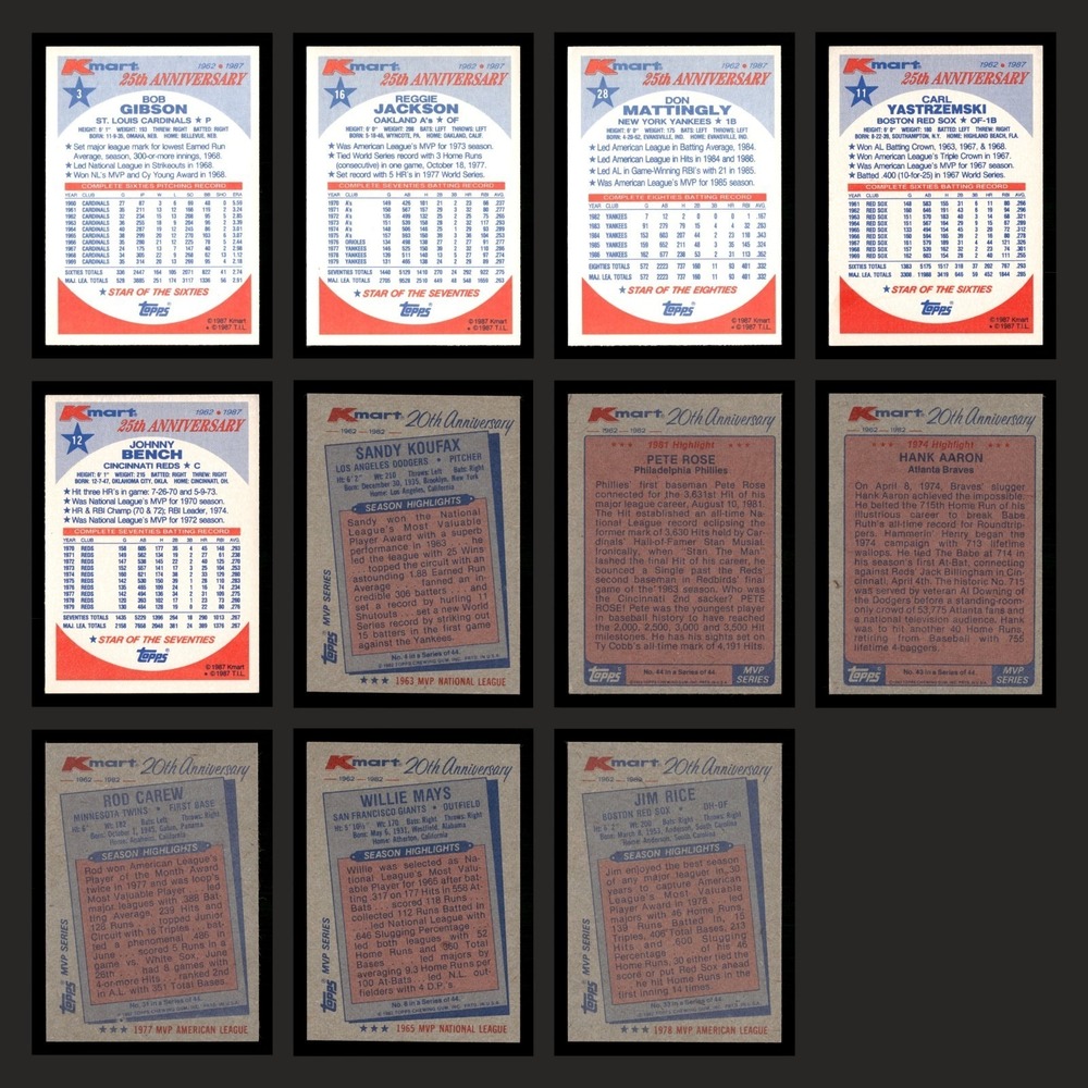 1982 1987 Kmart Baseball Card Lot 11 HOF Stars Aaron Mays Bench Gibson VG - Picture 2 of 2